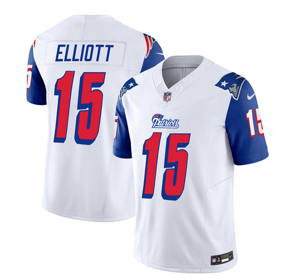 Men's New England Patriots #15 Ezekiel Elliott White/Blue 2023 F.U.S.E. Vapor Limited Football Stitched Jersey